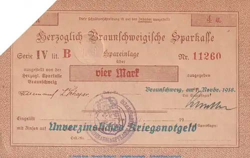 Notgeld Herz. Sparkasse Braunschweig , 4 Mark Schein in kfr.E Geiger 058... von 1918 , Niedersachsen Grossnotgeld