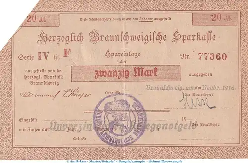 Notgeld Herz. Sparkasse Braunschweig , 20 Mark Schein in gbr.E Geiger 058... von 1918 , Niedersachsen Grossnotgeld