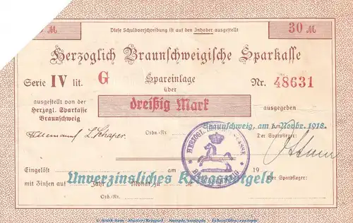 Notgeld Herz. Sparkasse Braunschweig , 30 Mark Schein in gbr.E Geiger 058... von 1918 , Niedersachsen Grossnotgeld