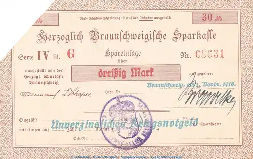 Notgeld Herz. Sparkasse Braunschweig , 30 Mark Schein in kfr.E Geiger 058... von 1918 , Niedersachsen Grossnotgeld
