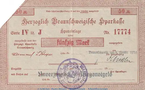 Notgeld Herz. Sparkasse Braunschweig , 50 Mark Schein in gbr.E Geiger 058... von 1918 , Niedersachsen Grossnotgeld