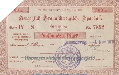 Notgeld Herz. Sparkasse Braunschweig , 500 Mark Schein in gbr.E Geiger 058... von 1918 , Niedersachsen Grossnotgeld