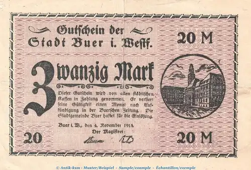 Notgeld Stadt Buer , 20 Mark Schein in gbr.E Geiger 071.01 von 1918 , Westfalen Grossnotgeld