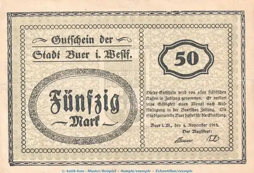 Notgeld Stadt Buer , 50 Mark Schein in gbr.E Geiger 071.02 von 1918 , Westfalen Grossnotgeld