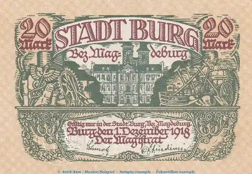 Notgeld Stadt Burg , 20 Mark Schein in kfr.E Geiger 073.03 von 1918 , Sachsen Anhalt Grossnotgeld