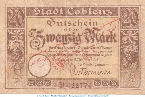 Notgeld Stadt Coblenz , 20 Mark Überdruck in gbr. Geiger 082.W2 von 1922 , Rheinland Grossnotgeld
