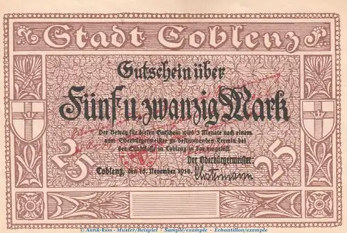 Notgeld Stadt Coblenz , 25 Mark Überdruck in kfr. Geiger 082.W3 von 1922 , Rheinland Grossnotgeld