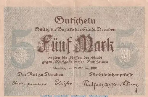 Notgeld Stadt Dresden , 5 Mark Schein in gbr. Geiger 108.01 von 1918 , Sachsen Grossnotgeld