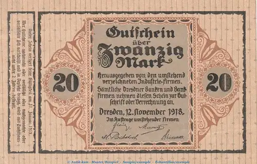 Notgeld Gem. Industrie Dresden , 20 Mark Schein in gbr. Geiger 109.04 von 1918 , Sachsen Grossnotgeld