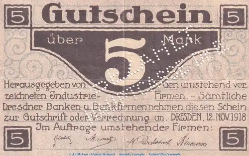 Notgeld Gem. Industrie Dresden , 5 Mark Schein in gbr.E , Geiger 109.02 von 1918 , Sachsen Grossnotgeld