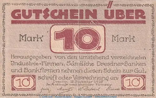 Notgeld Gem. Industrie Dresden , 10 Mark Schein in gbr.E , Geiger 109.03 von 1918 , Sachsen Grossnotgeld