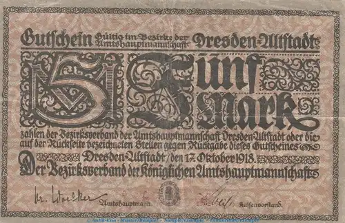 Banknote Dresden Altstadt , 5 Mark Schein in gbr. Geiger 110.01 von 1918 , Sachsen Grossnotgeld