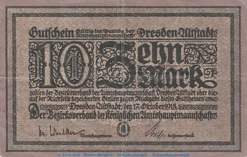 Banknote Dresden Altstadt , 10 Mark Schein in gbr. Geiger 110.02 von 1918 , Sachsen Grossnotgeld