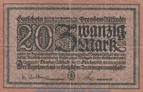 Banknote Dresden Altstadt , 20 Mark Schein in gbr. Geiger 110.03 von 1918 , Sachsen Grossnotgeld