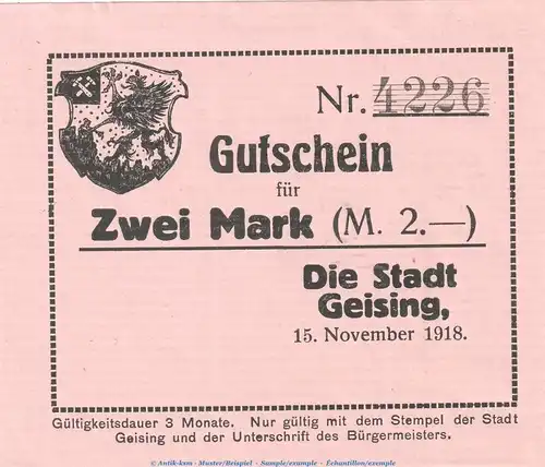 Notgeld Stadt Geising , 2 Mark Schein in kfr. Geiger 169.01.b von 1918 , Sachsen Grossnotgeld
