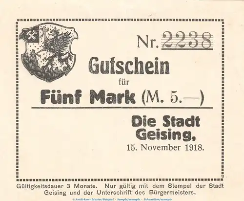 Notgeld Stadt Geising , 5 Mark Schein in kfr. Geiger 169.02.b von 1918 , Sachsen Grossnotgeld