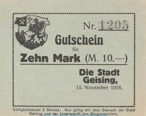Notgeld Stadt Geising , 10 Mark Schein in kfr. Geiger 169.03.b von 1918 , Sachsen Grossnotgeld