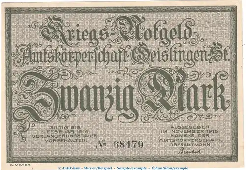 Notgeld Stadt Geislingen , 20 Mark Schein in kfr. Geiger 170.02 von 1918 , Württemberg Grossnotgeld