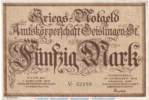 Notgeld Stadt Geislingen , 50 Mark Schein in kfr. Geiger 170.03 von 1918 , Württemberg Grossnotgeld