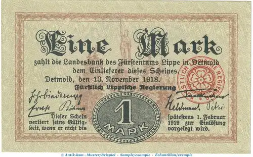 Notgeld Detmold Lippe , 1 Mark Schein in kfr. Geiger 324.01 von 1918 , Westfalen Grossnotgeld