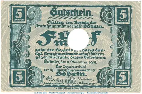 Banknote Amtshauptmannschaft Döbeln , 5 Mark Schein in f-kfr.E Geiger 105.01 von 1918 , Sachsen Großnotgeld