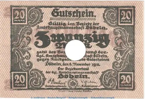Banknote Amtshauptmannschaft Döbeln , 20 Mark Schein in gbr.E Geiger 105.02 von 1918 , Sachsen Großnotgeld
