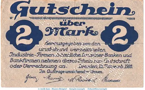 Notgeld Gem. Industrie Dresden , 2 Mark Schein in gbr.E Geiger 109.01 von 1918 , Sachsen Grossnotgeld