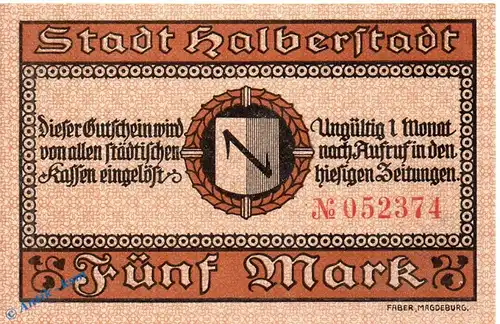 Banknote Halberstadt , 5 Mark Schein in in kfr. E , Geiger 209.01 , 01.12.1918 , Sachsen Großnotgeld