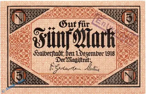 Banknote Halberstadt , 5 Mark Schein in in kfr. E , Geiger 209.01 , 01.12.1918 , Sachsen Großnotgeld