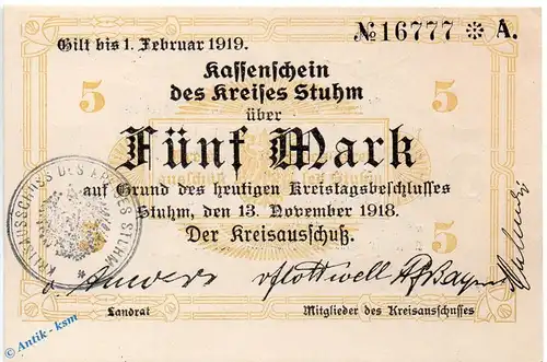 Banknote Stuhm , 5 Mark Schein in kfr. E , Geiger 514.01 , 13.11.1918 , Westpreussen Großnotgeld