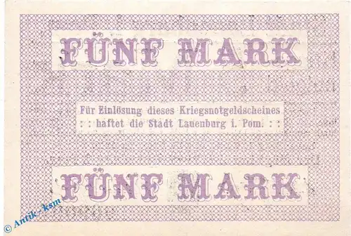 Banknote Lauenburg , 5 Mark Schein in kfr. Geiger 310.01.a , 15.11.1918 , Pommern Großnotgeld