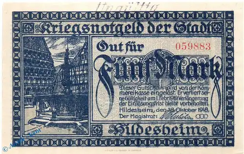 Notgeld Hildesheim , 5 Mark Schein in kfr. E , Geiger 233.01 , 18.10.1918 , Niedersachsen Großnotgeld