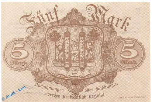 Banknote Stadt Hof , 5 Mark Schein in kfr. Geiger 239.04.b , 09.11.1918 , Bayern Großnotgeld