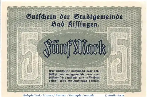 Banknote Bad Kissingen , 5 Mark Schein in kfr. Geiger 272.01.a-b , 20.11.1918 , Bayern Großnotgeld
