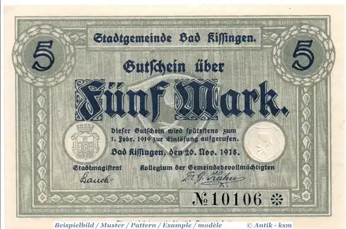 Banknote Bad Kissingen , 5 Mark Schein in kfr. Geiger 272.01.a-b , 20.11.1918 , Bayern Großnotgeld