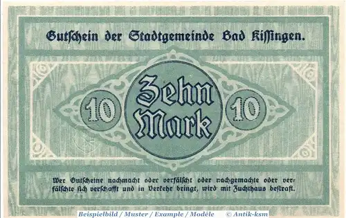 Bad Kissingen , Banknote 10 Mark Schein in kfr. Geiger 272.02.a-b , Bayern 1918 Großnotgeld