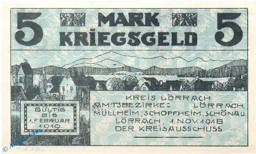 Banknote Lörrach , Amtsbezirke , 5 Mark Schein in kfr. Geiger 327.01.c , 01.11.1918 , Baden Großnotgeld