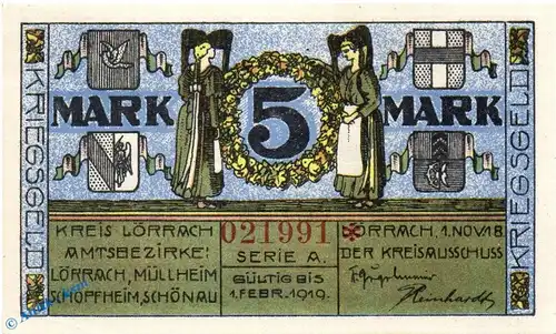 Banknote Lörrach , Amtsbezirke , 5 Mark Schein in kfr. Geiger 327.01.c , 01.11.1918 , Baden Großnotgeld