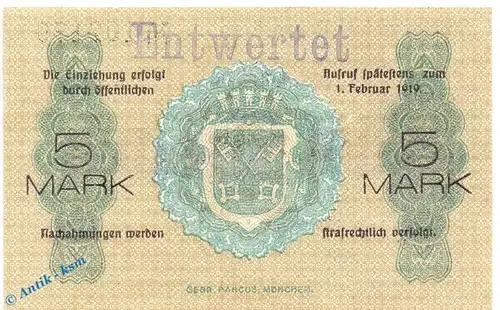 Notgeld Regensburg , 5 Mark Schein in kfr. E , Geiger 440.01.a , 08.10.1918 , Bayern Großnotgeld