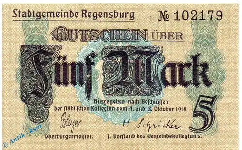 Notgeld Regensburg , 5 Mark Schein in kfr. E , Geiger 440.01.a , 08.10.1918 , Bayern Großnotgeld