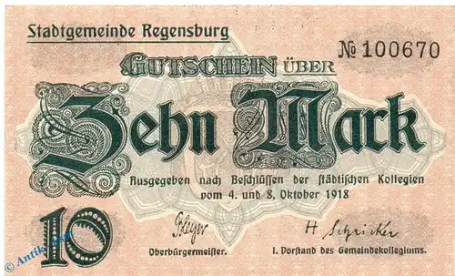 Notgeld Regensburg , 10 Mark Schein in kfr. E , Geiger 440.02.a , 08.10.1918 , Bayern Großnotgeld