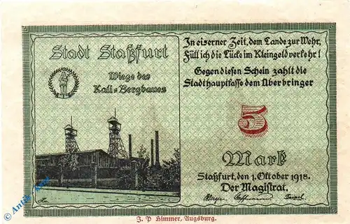 Notgeld Staßfurt , Stadt , 5 Mark Schein f-kfr , Geiger 507.02.a , 01.10.1918 , Sachsen Großnotgeld 