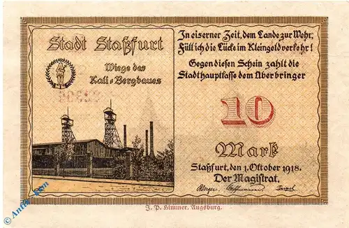 Notgeld Staßfurt , Stadt , 10 Mark Schein f-kfr , Geiger 507.04.a , 01.10.1918 , Sachsen Großnotgeld