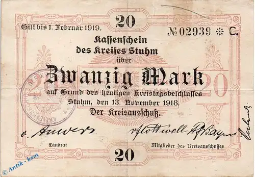 Banknote Stuhm , 20 Mark Schein in gbr. E , Geiger 514.03 , 13.11.1918 , Westpreussen Großnotgeld