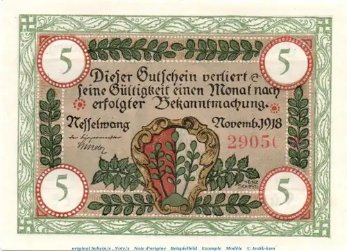 Banknote Marktgemeinde Nesselwang , 5 Mark Schein in kfr. Geiger 370.08,11  von 1918 , Bayern Großnotgeld