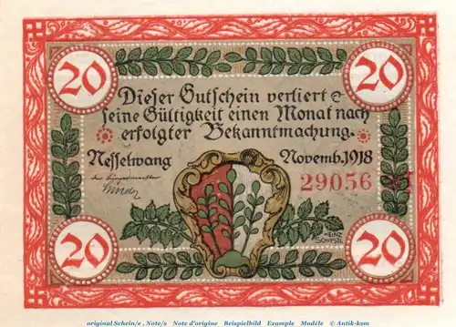 Banknote Marktgemeinde Nesselwang , 20 Mark Schein in kfr. Geiger 370.10,13  von 1918 , Bayern Großnotgeld