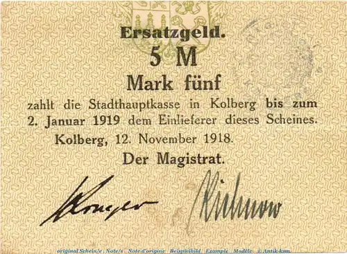 Banknote Stadt Kolberg , 5 Mark Schein in gbr. Geiger 291.03.a , 12.11.1918 , Pommern Großnotgeld