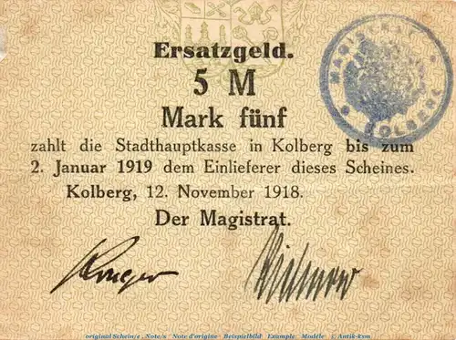 Banknote Stadt Kolberg , 5 Mark Schein in gbr. Geiger 291.04.a , 12.11.1918 , Pommern Großnotgeld