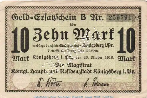 Banknote Stadt Königsberg , 10 Mark Schein in gbr. E , Geiger 287.03 , 26.10.1918 , Ostpreussen Großnotgeld