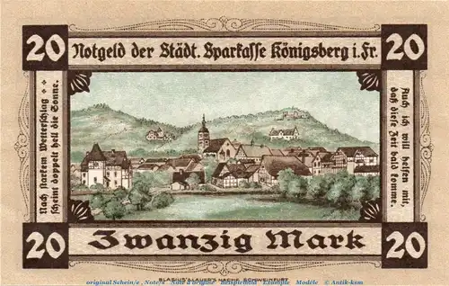 Banknote Stadt Königsberg i. Fr. 20 Mark Schein in kfr. Geiger 285.02.b-d , von 1918 , Sachsen Grossnotgeld
